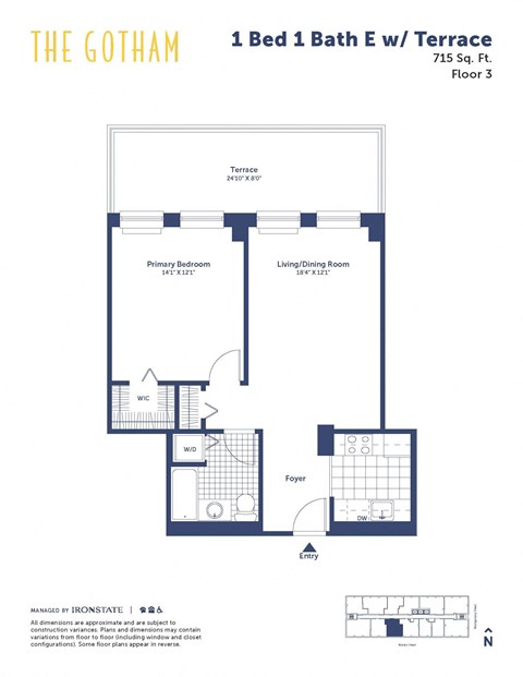 Floor plan for 1 bed, 1 bath, 715 sqft